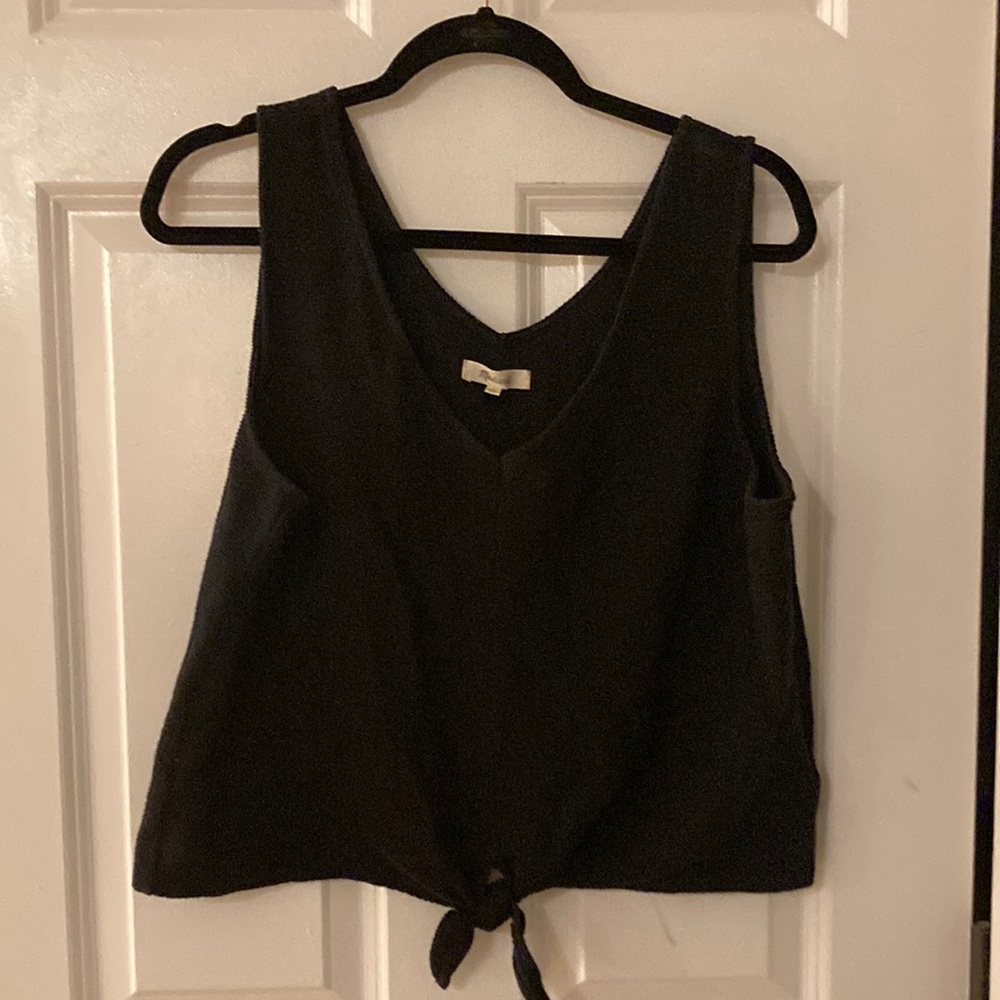 Madewell Black Cotton Cropped Texture & Thread Tie-Front Tank Top